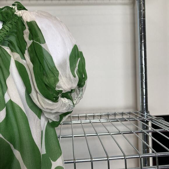 Milly Womens Green White Floral Silk Blouse Size 2 Peasant Boho Whimsical Modern - Picture 9 of 11